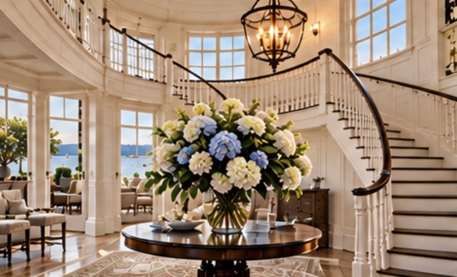 Elegant staircase and flowers welcoming homeowners